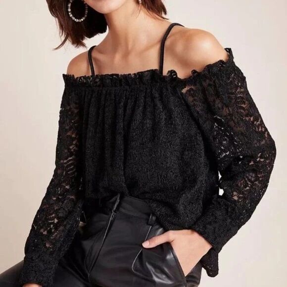 Anthropologie Eri + Ali Coldshoulder Lace Black Button Cuff Dark Boho Top Small - Picture 1 of 9